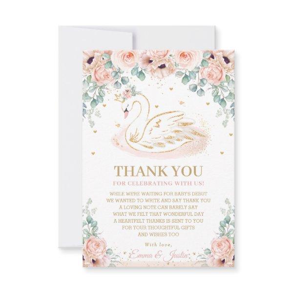 Chic Swan Princess Blush Pink Floral Baby Shower Thank You Card