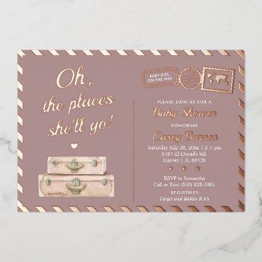 Chic Travel Rose Gold Places She'll Go Baby Shower Foil