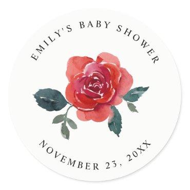 CHIC WATERCOLOR RED GREEN ROSE FLORAL BABY SHOWER CLASSIC ROUND STICKER