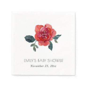 CHIC WATERCOLOR RED GREEN ROSE FLORAL BABY SHOWER NAPKINS