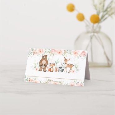 Chic Woodland Animals Blush Floral Shower Birthday Place Card