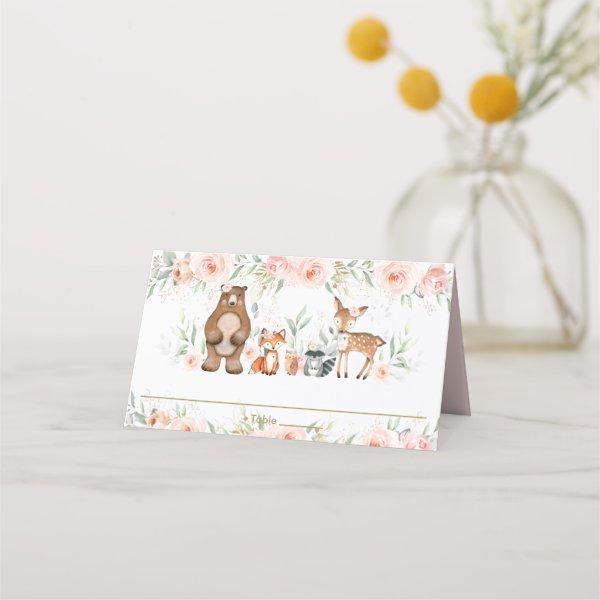 Chic Woodland Animals Blush Floral Shower Birthday Place Card
