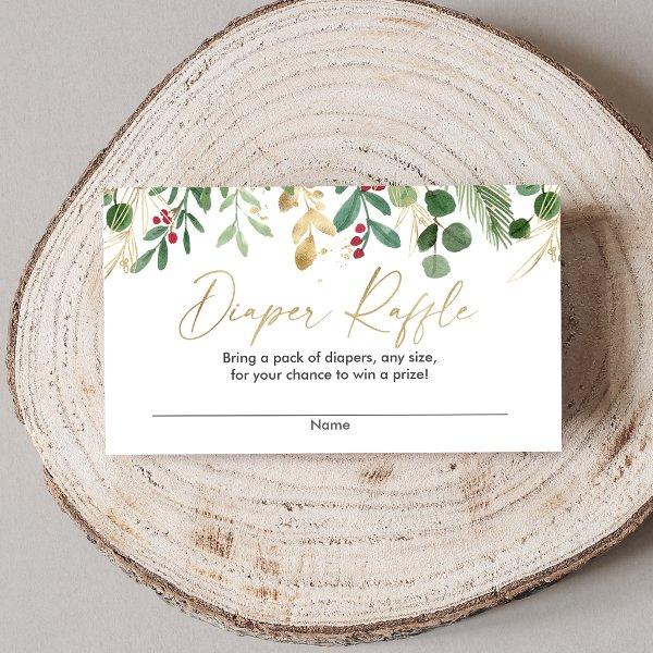 Christmas foliage greenery gold red diaper raffle enclosure card