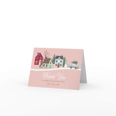 Christmas Holiday Town/Village Pink Baby Shower Thank You Card