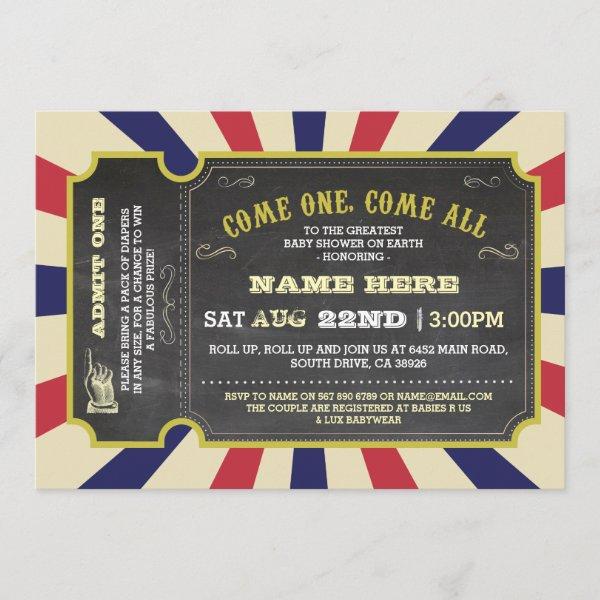 Circus Carnival Ticket Red Blue Baby Shower Invite