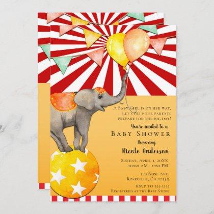 Circus Elephant on Ball Carnival Baby Shower Party Invitation