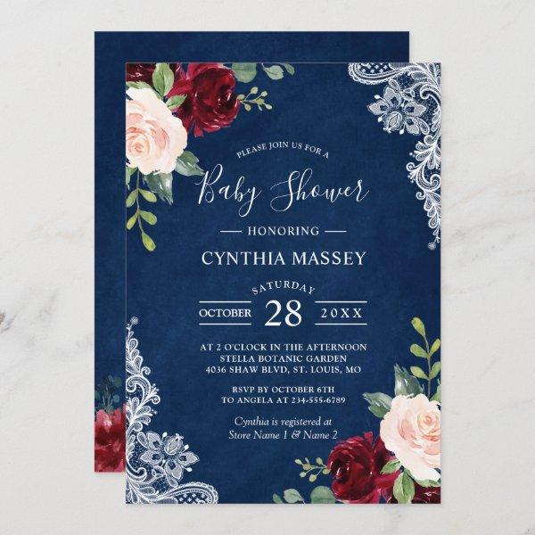 Classic Navy Blue Red Blush Floral