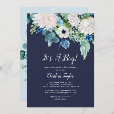 Classic White Flowers Navy It's A Boy Baby Shower Invitation