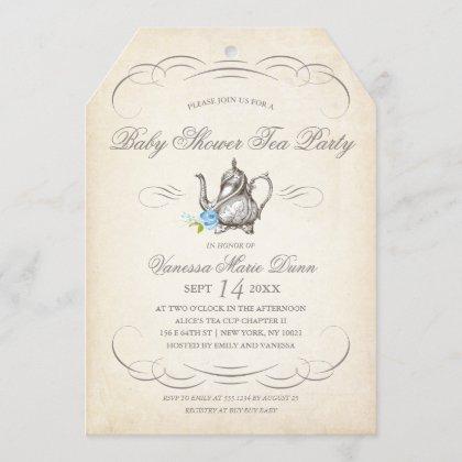 Classy Vintage Tea Party Blue | Baby Shower Invitation