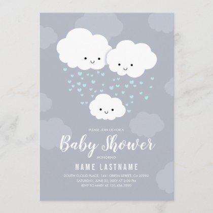 Clouds Family Couples Boy Blue Hearts Baby Shower Invitation