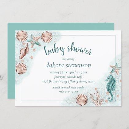 Coastal Chic | Teal and Rose Gold Baby Shower Invitation