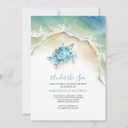 Coastal SeaTurtle Blue Baby Shower Watercolor Invitation