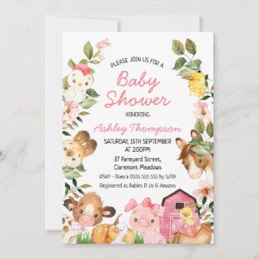 Colorful Farm Animals Pink Barn Baby Shower Invitation