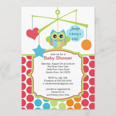 Colorful Owl Mobile Baby Shower Invitations
