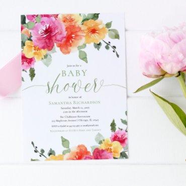 Colorful pink orange peonies girl baby shower invi