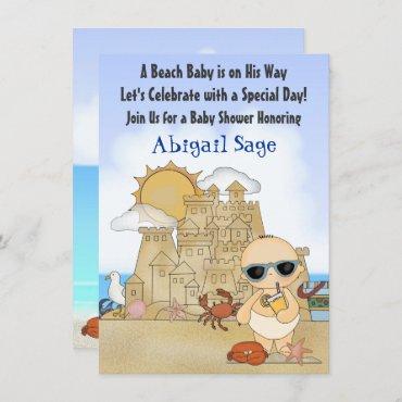 Cool Beach Baby Sandcastle Boys Baby Shower Invitation