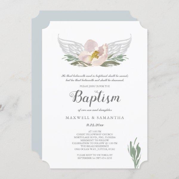 Cool Peach Watercolor Florals Angel Wings Baptism