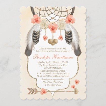 Coral and Gold Dreamcatcher Boho Baby Girl Shower Invitation