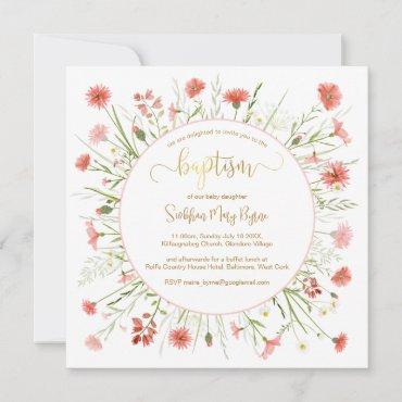 Coral Wildflower Baptism Announcement Gold Font