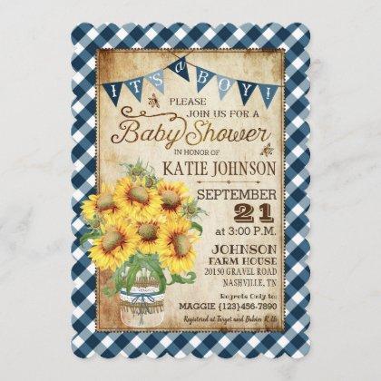 Country Sunflowers Gingham Check Boy Baby Shower Invitation