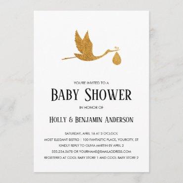 Couples Baby Shower Faux Gold Foil Stork w/ Bundle Invitation
