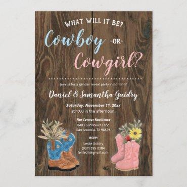 Cowboy/Cowgirl Bootie Dark Wood Gender Reveal Invitation
