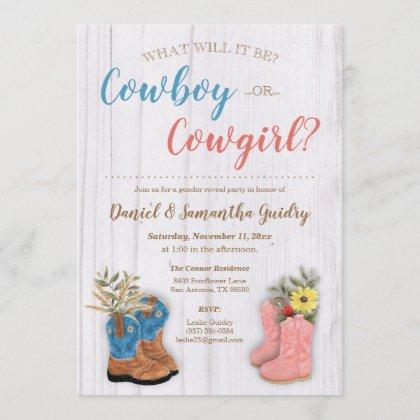 Cowboy/Cowgirl Bootie Gender Reveal Invitation