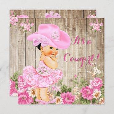 Cowgirl Baby Shower Pink Rustic Wood Girl Brunette Invitation