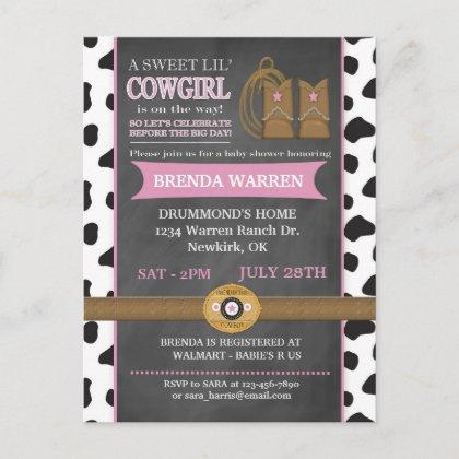 Cowgirl Chalkboard Baby Shower Invitation Postcard