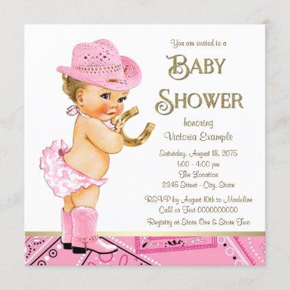 Cowgirl Pink Gold Horseshoe Cowgirl Baby Shower Invitation