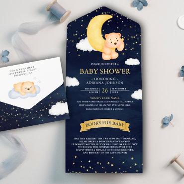 Crescent Moon Navy Blue Teddy Bear Baby Shower All In One