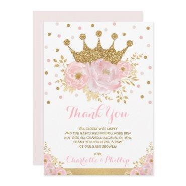 Crown Princess Baby Shower Royal Blush Gold Floral Thank You Card