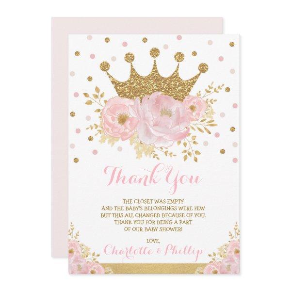 Crown Princess Baby Shower Royal Blush Gold Floral Thank You Card