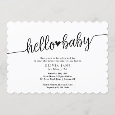 Custom Color Hello Baby Sip & See, Script Shower Invitation