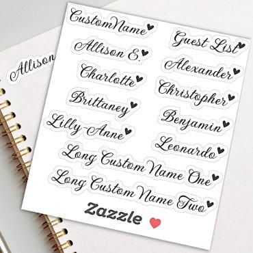 Custom Guest List 12 Names Calligraphy Tiny Heart Sticker