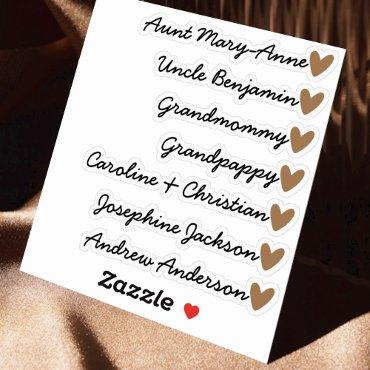 Custom Guest List 7 Names Calligraphy Brown Heart Sticker