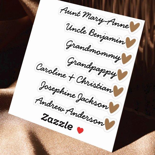 Custom Guest List 7 Names Calligraphy Brown Heart Sticker