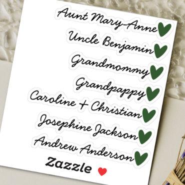 Custom Guest List 7 Names Calligraphy Green Heart Sticker