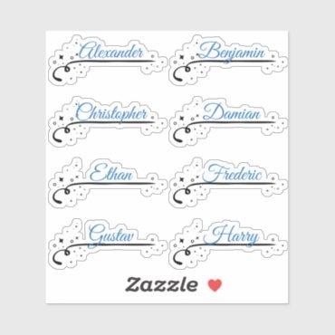 Custom Guest List 8 Names Blue Calligraphy Stars Sticker