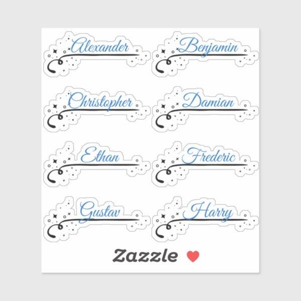 Custom Guest List 8 Names Blue Calligraphy Stars Sticker