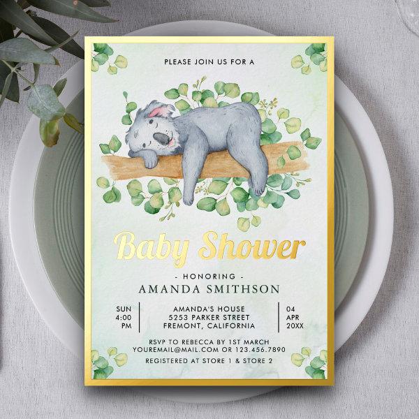 Cute Adorable Sleeping Koala Bear Baby Shower Gold Foil