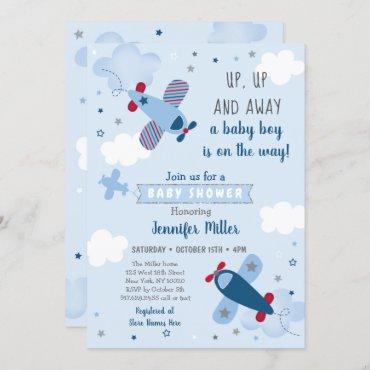Cute Airplane Stars Clouds Baby Shower Invitation
