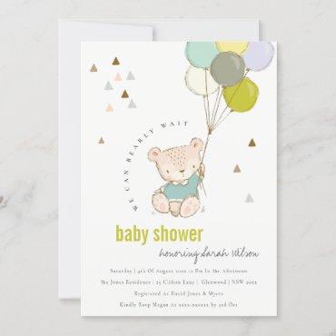 Cute Aqua Bearly Wait Balloon Baby Shower Invite