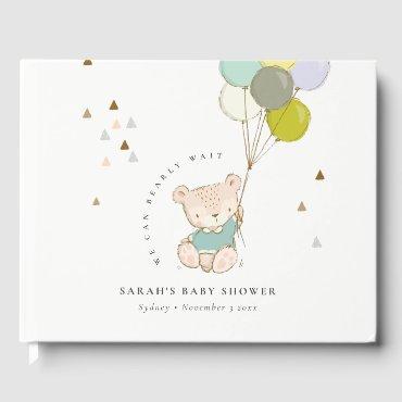 Cute Aqua Bearly Wait Bear Balloon Baby Shower Guest Book