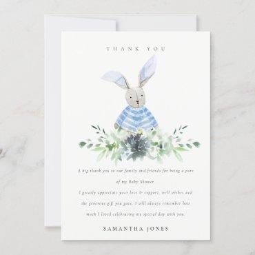 Cute Aqua Blue Bunny Garden Foliage Baby Shower Thank You Card