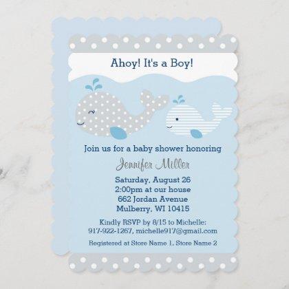 Cute Baby Blue & Grey Whale Baby Shower Invitation