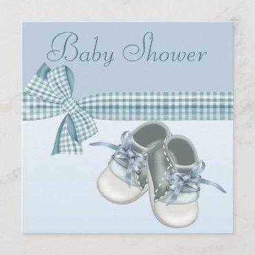 Cute Baby Boy Shower Blue Shoes & Elegant Ribbon Invitation
