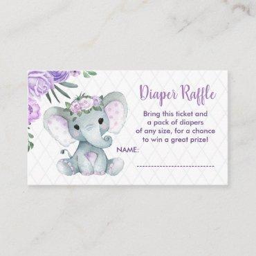 Cute Baby Elephant diaper raffle ticket, purple Enclosure Card