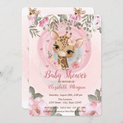 Cute Baby Giraffe Floral Baby Shower Invitation
