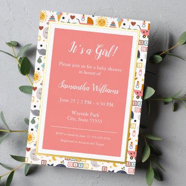 Cute Baby Girl Pink Pattern Baby Shower Gold Foil